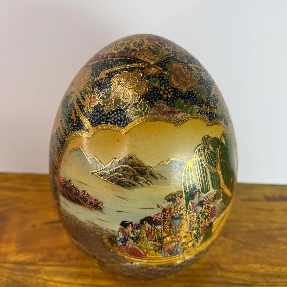 Satsuma Ceramic Egg Gold Trim Geisha Boat Landscape Asian Hand Painted